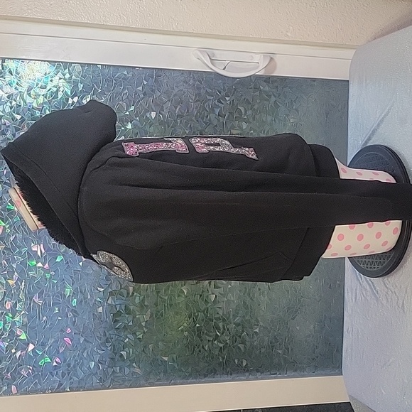 Y2K Vintage VS Pink Black Fur Lined Silver Sequin Mega Bling Hoodie Jacket SZ:L - Picture 6 of 12